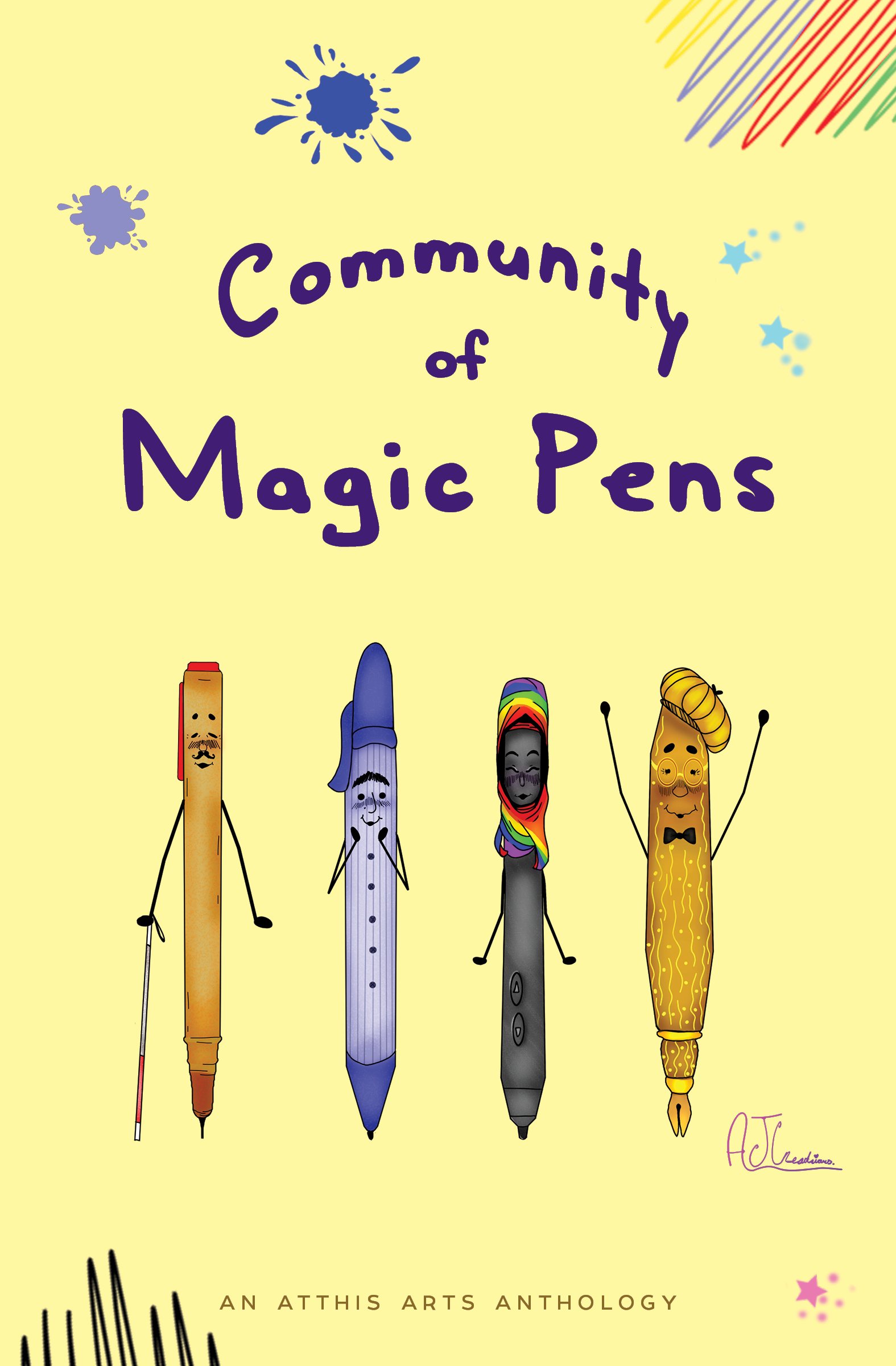 Book cover featuring anthropomorphic pens beneath the title. One pen holds a cane for the blind